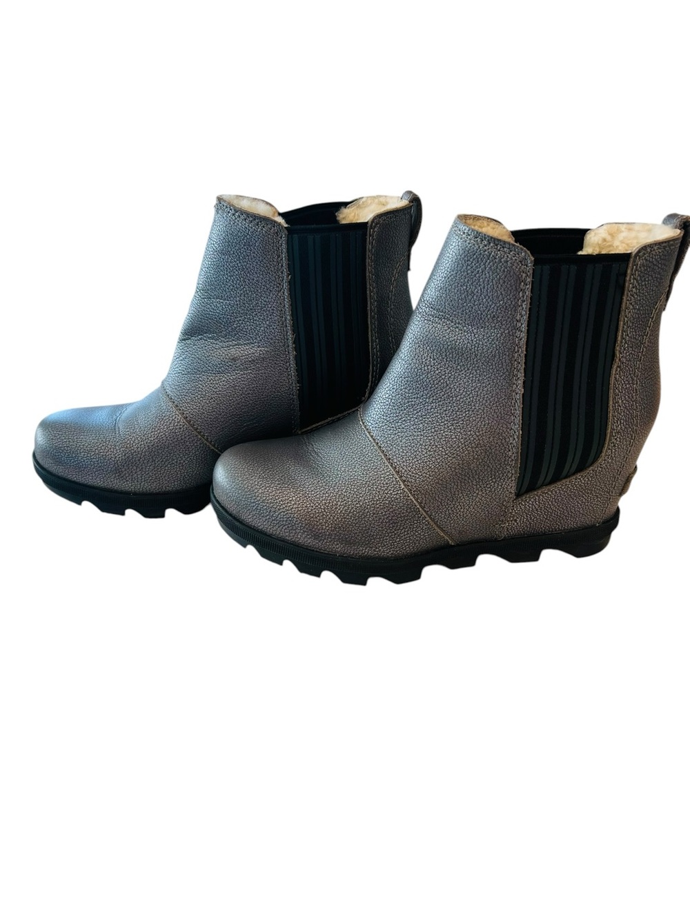 Sorel Joan of Arctic Chelsea Wedge Booties Gray Sz 7.5 Shearling Lined